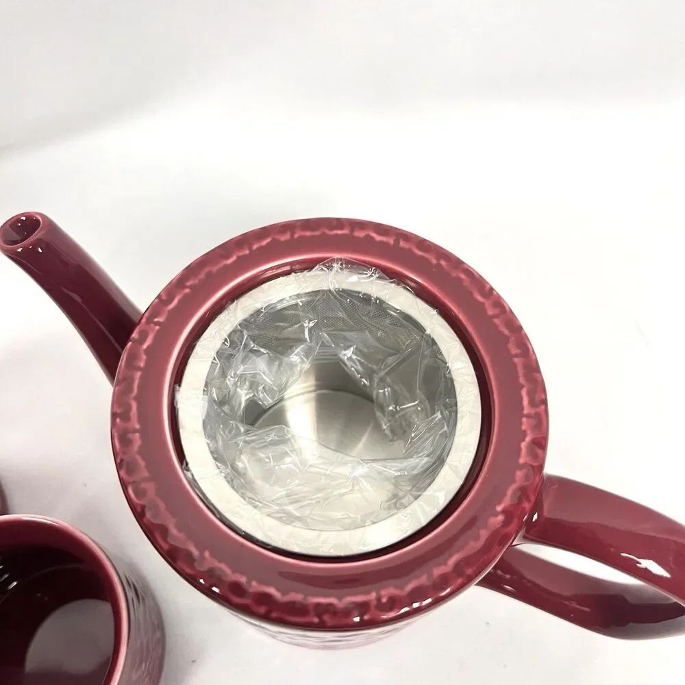 Teavana Rohan Pattern Red Ceramic 5 Pc Teapot Lid & 4 Cups Embossed Small Chip